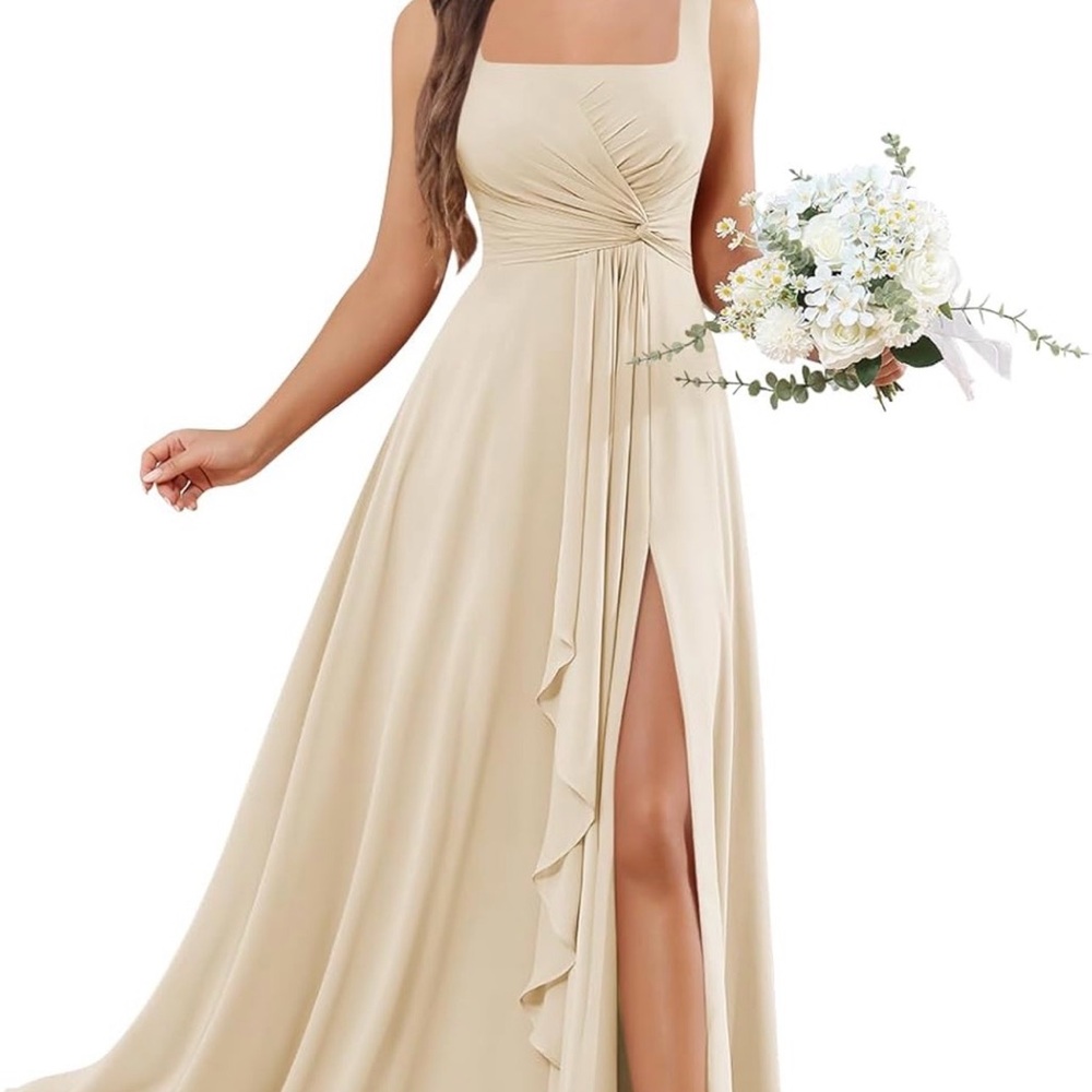 Sleeveless Cream Maxi Dress with Side Slit and Ruching